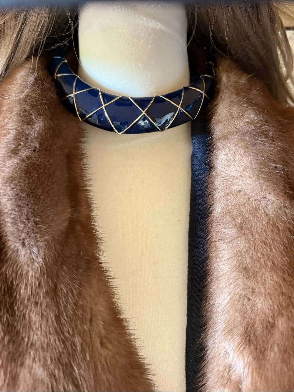 vintage dark navy blue and gold-tone geometric enamel statement choker necklace